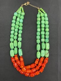 Barse Green Turquoise and Orange Coral Beaded Necklace