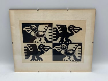 Abstract Bird Motif Quadrant by Pedro Puerta (Peru) Woodcut