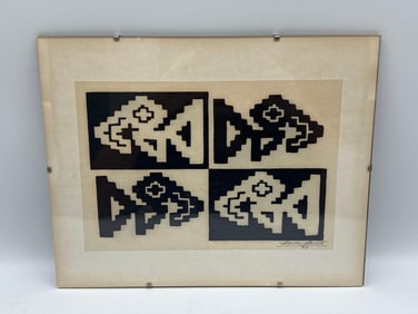 Geometric Abstract Motif Panel by Pedro Puerta (Peru) Woodcut