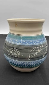 Native American Handcrafted Pottery Vase with Animal Motifs