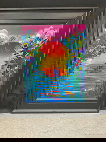 "A Better World" by Peter Max (German/American, b.1937) Acrylic: A vivid, whimsical composition by Peter Max featuring a glowing sun setting over water, framed by expressive floral trees. The piece showcases Max’s signature use of bold colors and dreamlike, joyfu