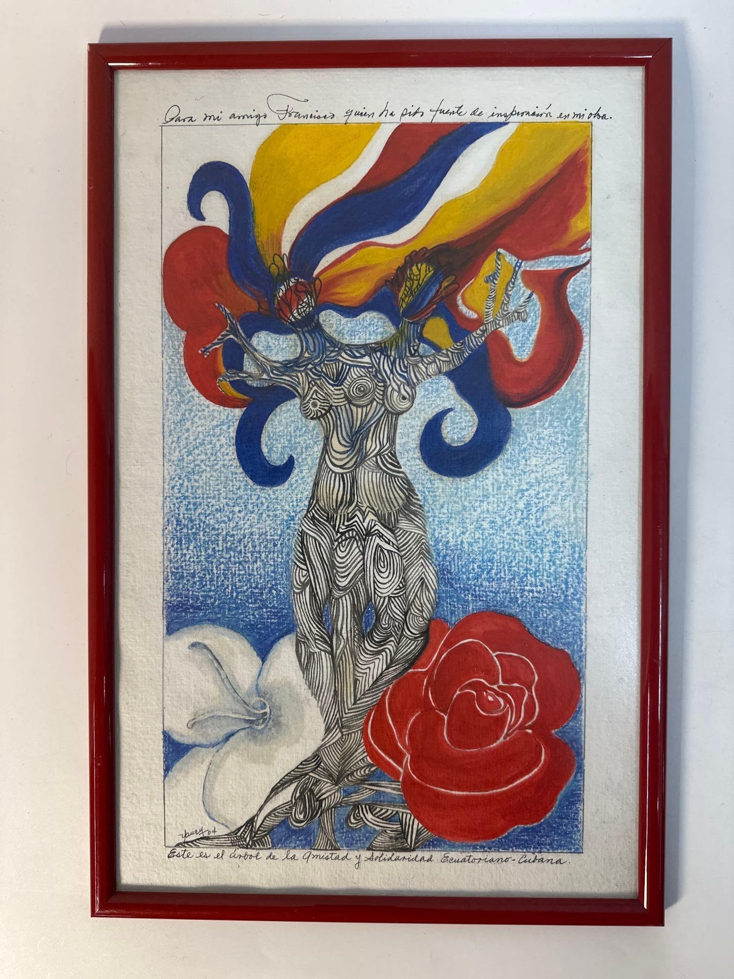 "Floral and Human Fusion" by Nancy (Cuba): This artwork by Cuban artist Nancy presents a captivating blend of human and floral elements. At the center, a beautifully detailed grayscale figure seems to merge with the roots and branches of a tre
