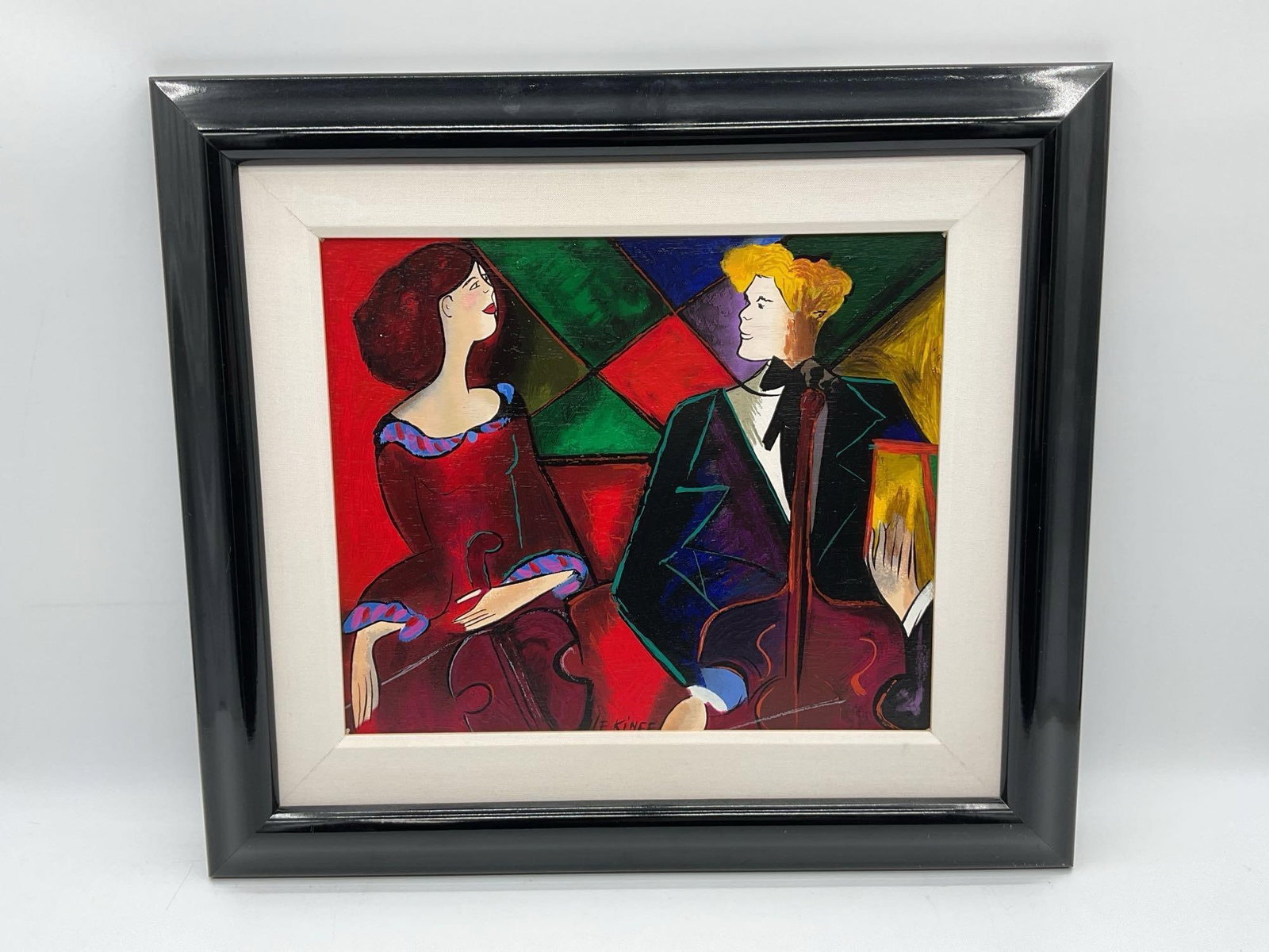 "Diana a la Contrebasse"Linda Le Kinff (French, b.1949) Serigraph: Striking and full of movement, this hand-signed serigraph by internationally acclaimed artist Linda Le Kinff features a poised man and woman dressed in formal evening wear, set against a richly 