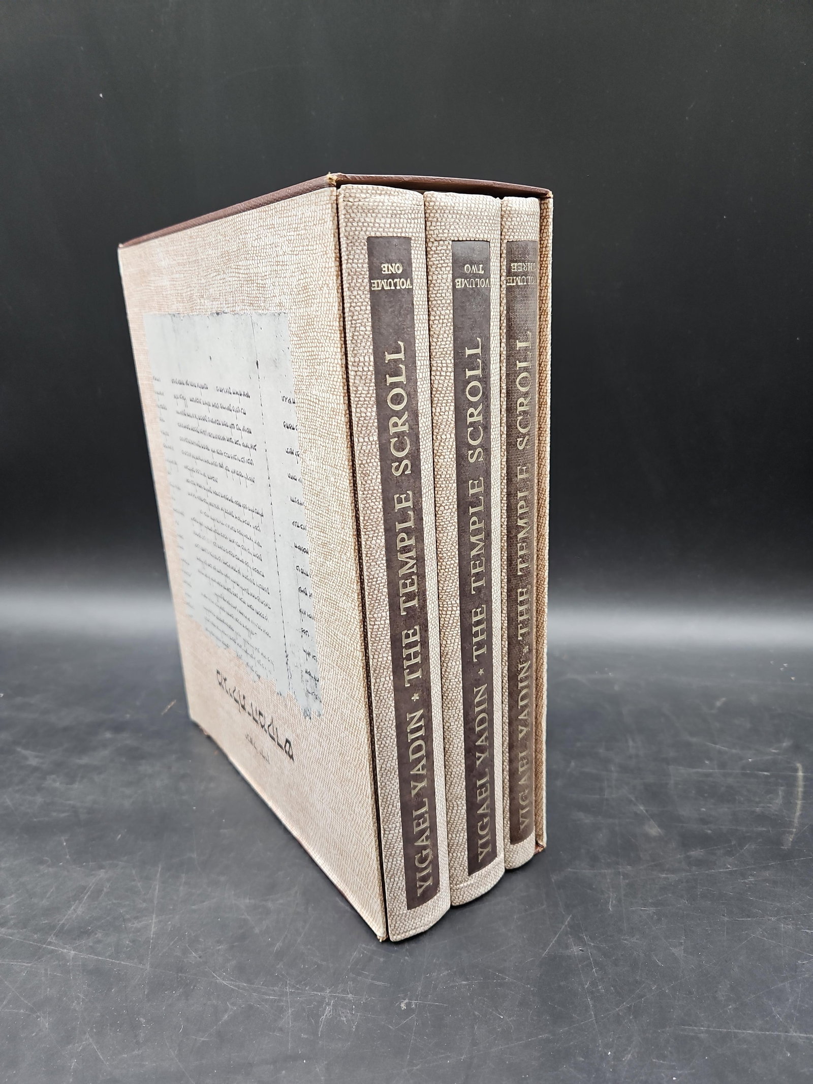 The Temple Scroll – 3 Volume Set: A scholarly 3-volume set titled The Temple Scroll, edited and translated by Yigael Yadin, published by the Israel Exploration Society and the Shrine of the Book. This important Dead Sea Scroll text in