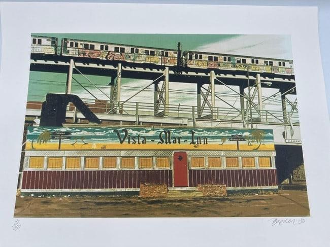 John Baeder Vista Mar Inn H/S Numbered Photo Realist ART: Urban scene featuring a graffiti-covered wall with a subway train passing overhead on elevated tracksArtist: John BaederTitle: Vista Mar InnMedium: ScreenprintSigne