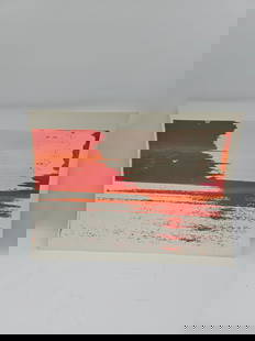 Abstract Expressionist Print in Orange and White: Abstract expressionist print featuring bold orange and white hues. The work evokes a sense of landscape with horizontal lines and textured brushstrokes. Dimensions approximately 22 inches high and 30