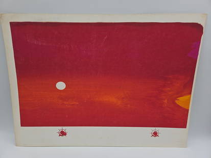 Abstract Red Landscape Print: Abstract landscape print featuring a red and orange sky with a white circle, possibly a sun or moon. The print is mounted on a white backing with decorative red emblems along the bottom. Dimensions: