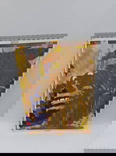 Abstract Portrait Painting: Abstract portrait painting featuring a figure possibly James Baldwin with expressive features. The artwork utilizes a palette of browns, yellows, and blues. Unframed. Dimensions: 24 inches high