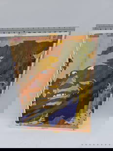 Abstract Portrait Painting: Abstract portrait painting possibly of James Baldwin featuring bold brushstrokes and a vibrant color palette. The artwork measures approximately 24 inches in height and 18 inches in length. Unframed.