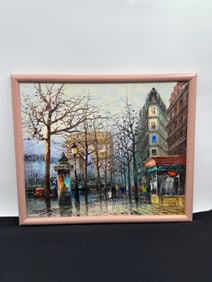 Paris Street Scene Oil Painting, Framed