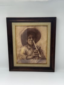 Framed Drawing of a Flute Player, Signed
