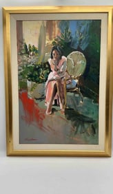 Lady in Garden Setting by Kerry Hallam (England, 1937-2020) Acrylic on Canvas