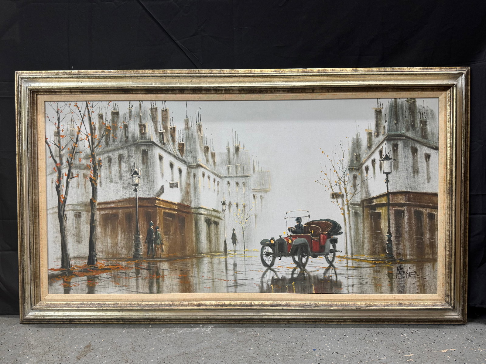 Paris Street Scene by Lawrence Monier (France. b.1942) Oil on Canvas: Description: A painting depicting a Paris street scene with a vintage car. Signed "Monier" lower right. Framed. Medium: Oil on Canvas Dimensions: H:55 W:31 inches.