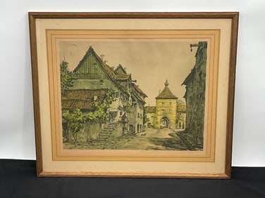 Signed Etching Print of a Village Scene