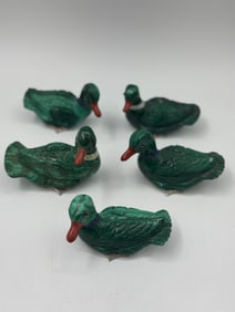 Five Malachite Duck Carvings with Silver Feet