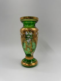 Bohemia Green Glass Vase with Gold Overlay and Floral Decoration