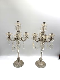 Pair of Vintage Crystal and Silver Candelabras with Candles