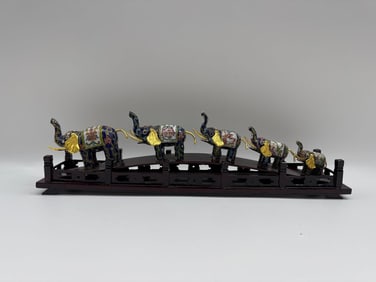 Set of Cloisonné Enamel Elephants on Wooden Stand