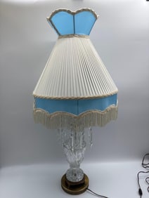 Vintage Victorian Crystal Table Lamp with Prisms and Pleated Shade