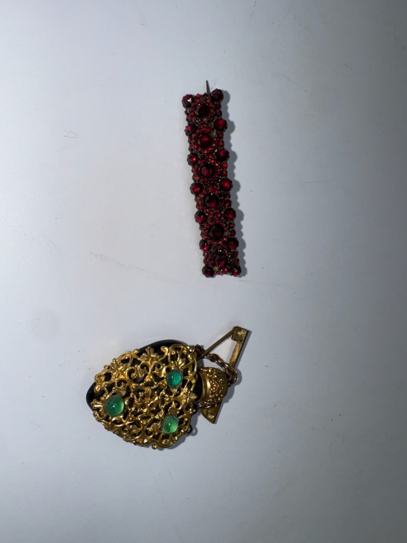 Antique Garnet Brooch (1800s) and Caged Perfume Bottle: Czechoslovakia Perfume Brooch, gilded, caged Perfume bottle with jeweled case and screw-on top as dauber, c 1930s