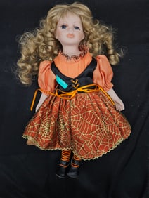 NJSF Porcelain Doll with Blonde Curls in Halloween Dress
