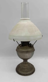 Antique Metal Oil Lamp with Glass Chimney and Shade