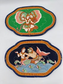 Pair of Thai Mythological Painted Wood Panels