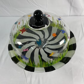 Hand Painted Glass Cake Stand with cover - Butterflies