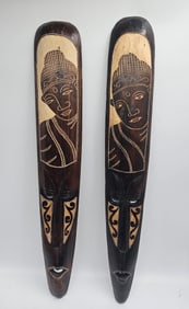 Pair of Hand-Carved Balinese Wooden Wall Masks