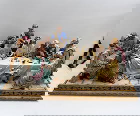 Capodimonte Last Supper Porcelain Scene: Figural sculpture depicting The Last Supper. Features hand-painted details and a decorative base. Dimensions: 34 x 17 x 15 inches.