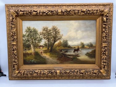 Pastoral River Landscape Antique Oil Painting by H. Rainer