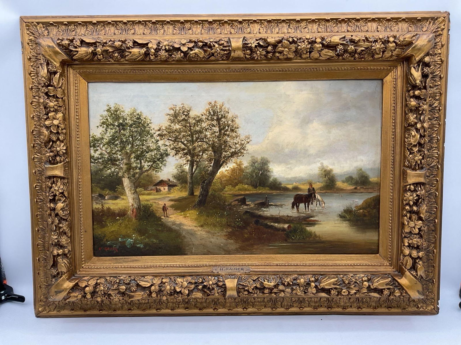 Pastoral River Landscape Antique Oil Painting by H. Rainer (1 of 4)