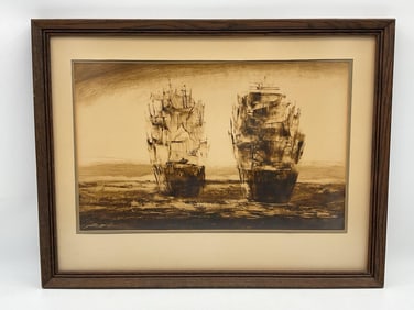 Bernard Buffet Style - Two Sail Ships at Sea