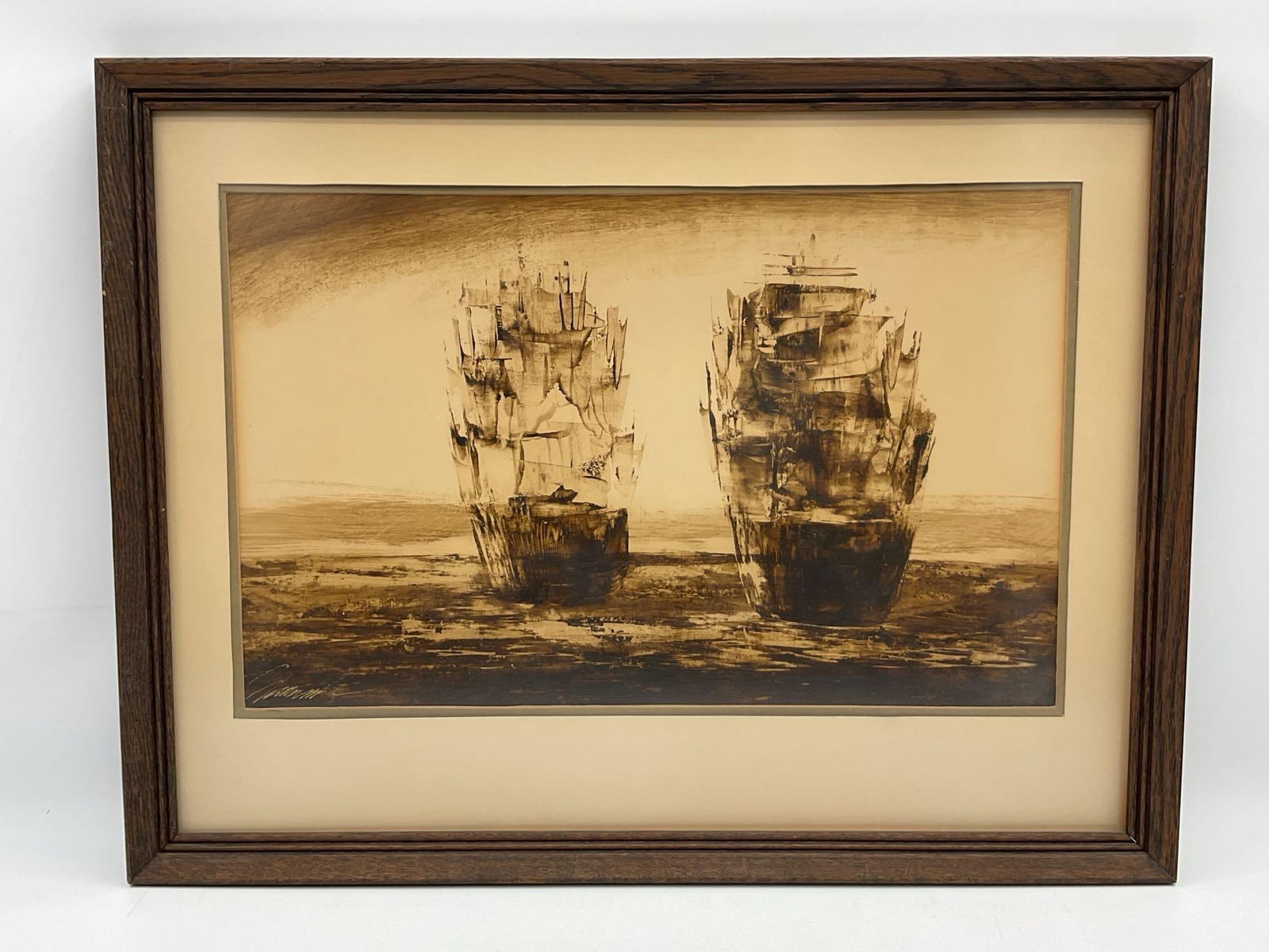 Bernard Buffet Style - Two Sail Ships at Sea: Description: Two sail ships at sea, in the style of Bernard Buffet, signed lower right. Framed and glazed. Dimensions: H20in L26in.