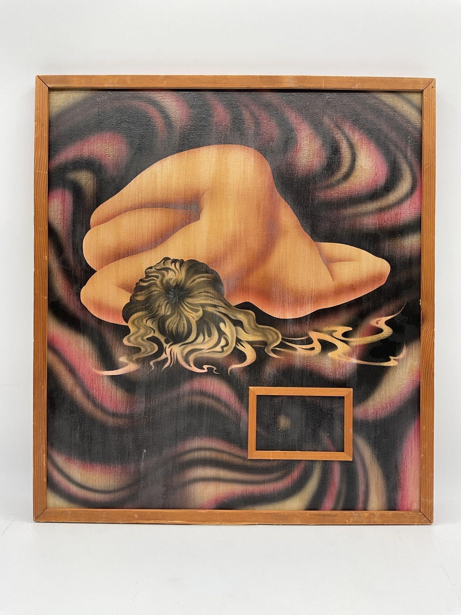 Abstract Nude Oil Painting: Description: Oil on canvas depicting a reclining nude figure against an abstract background. Unsigned. Framed. Dimensions: 22 x 20 inches.