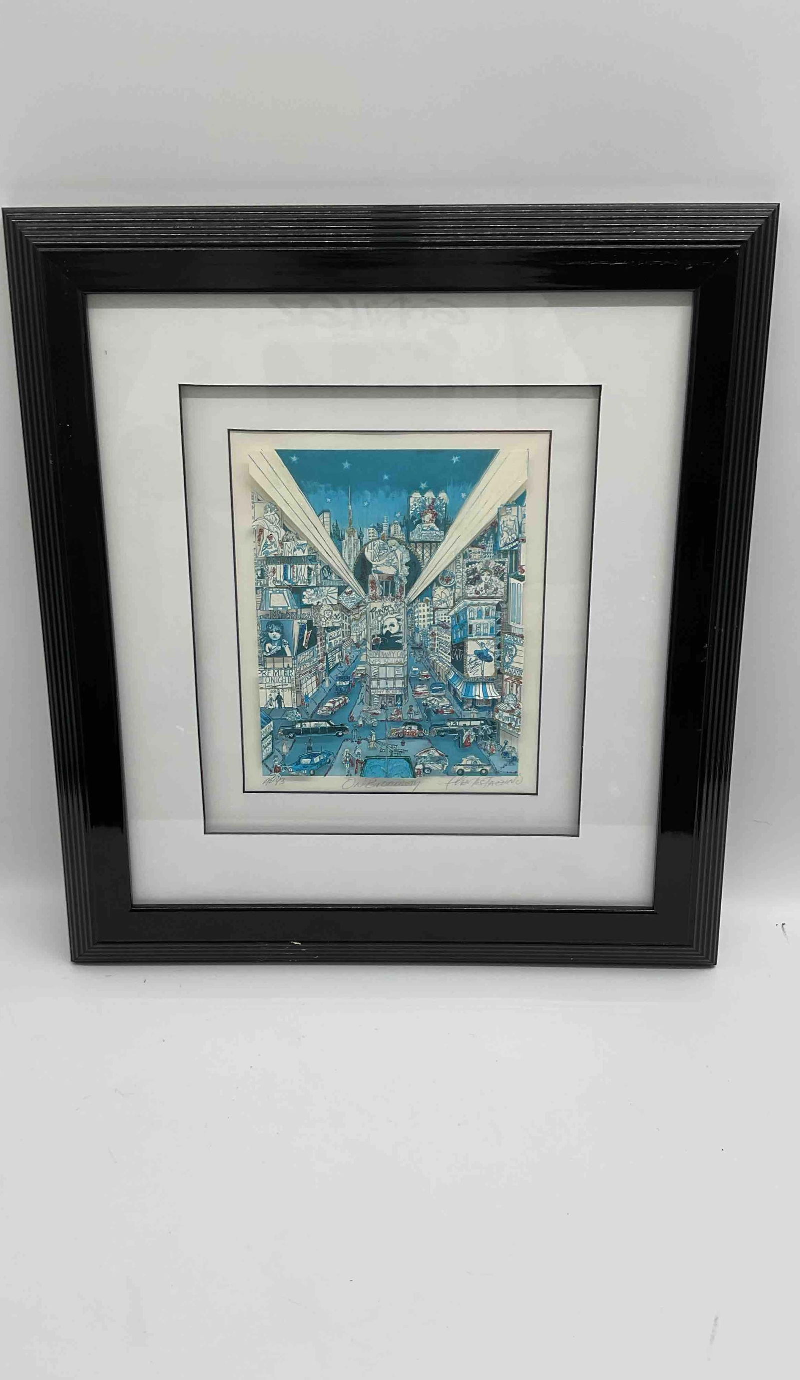 "On Broadway" by Charles Fazzino (American, b.1955) Serigraph: Description: Vibrant 3D pop art city scene by Charles Fazzino depicting the excitement of Broadway. Filled with colorful buildings, theaters, and lively street details in his signature style. Nicely f