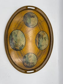 19th Century Antique Hand-Painted Tole Tray with Scenic Medallions