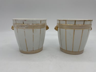 RARE 19th Century French Paris Porcelain Apricot Cachepot Planters & Stands w/ Lion Mask Handles