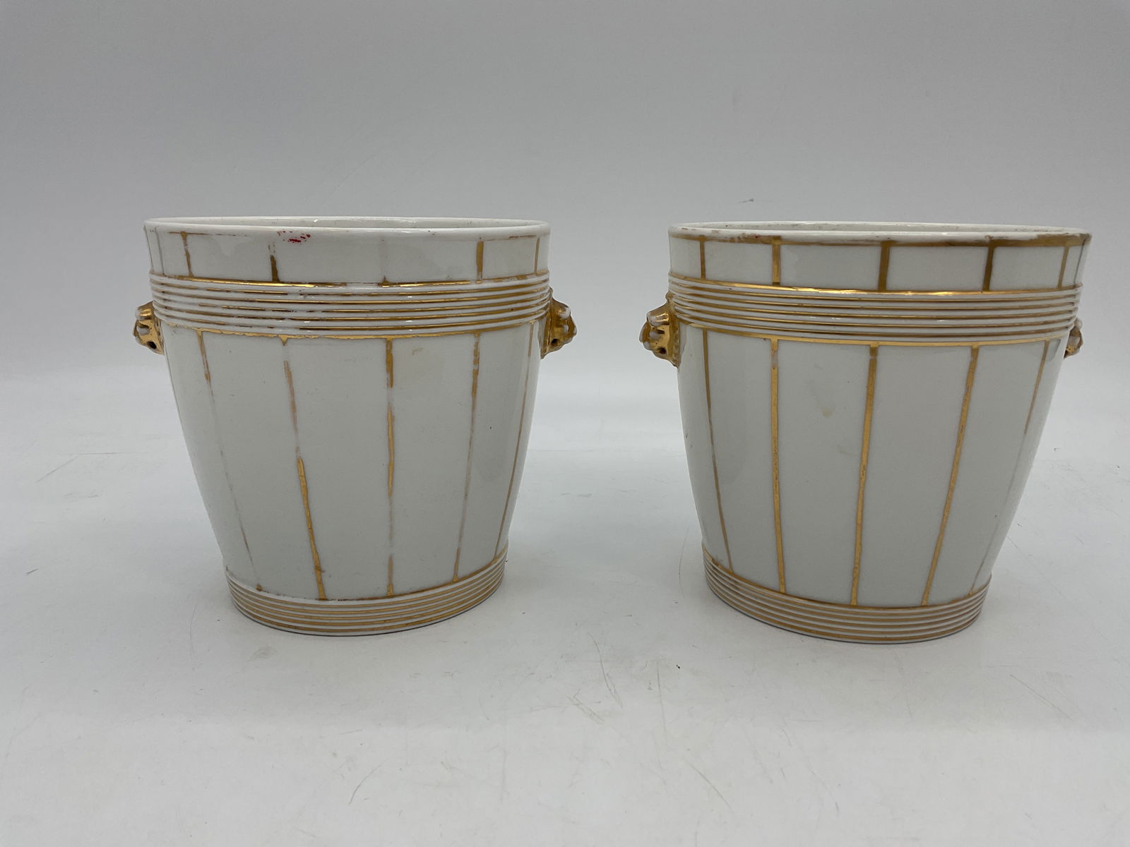 RARE 19th Century French Paris Porcelain Apricot Cachepot Planters & Stands w/ Lion Mask Handles (1 of 5)