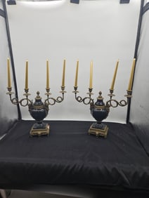 Pair of Bronze and Black Ceramic Candelabras