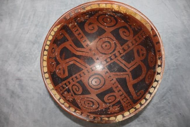 Pre Columbian Narino Pottery, Footed: This Pre-Columbian Narino pottery bowl showcases the intricate geometric design characteristics of the ancient Narino culture, known to inhabit the highlands of Colombia and Ecuador.