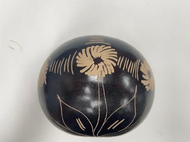 Hand-Etched Black Pottery Sphere with Floral Motif