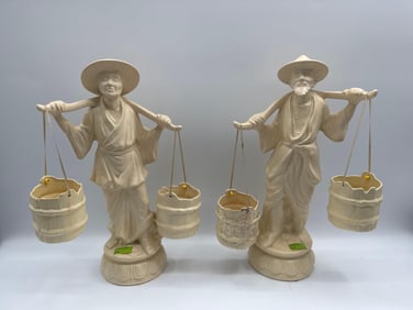 Pair of Asian-Inspired Ceramic Figurines with Buckets