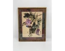 Grapes and Leaves Traditional Chinese Watercolor: A traditional Asian brush painting featuring clusters of purple grapes hanging among expressive dark green leaves. The spontaneous ink strokes contrast with the soft color accents, evoking natural bea
