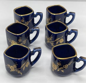 Set of 6 Cobalt Blue and Gold Floral Demitasse Cups