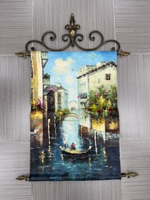 Venetian Canal Scene Oil Painting on Fabric Scroll