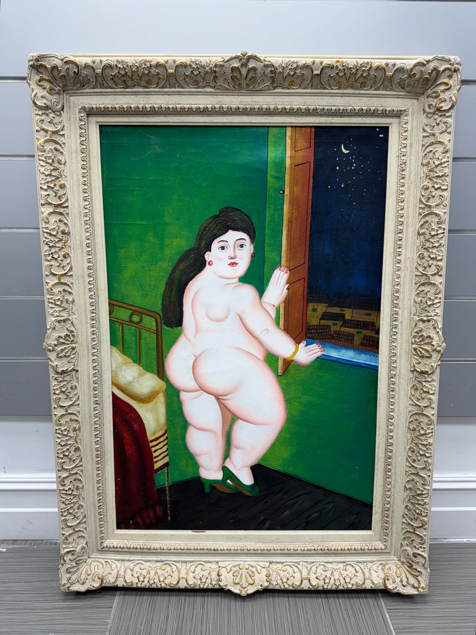 Figurative Oil Nude Painting, Woman at Window, Signed: Oil on canvas painting depicting a nude woman at a window overlooking a city at night. Signed lower right. Framed. Dimensions: 34 x 46 inches.