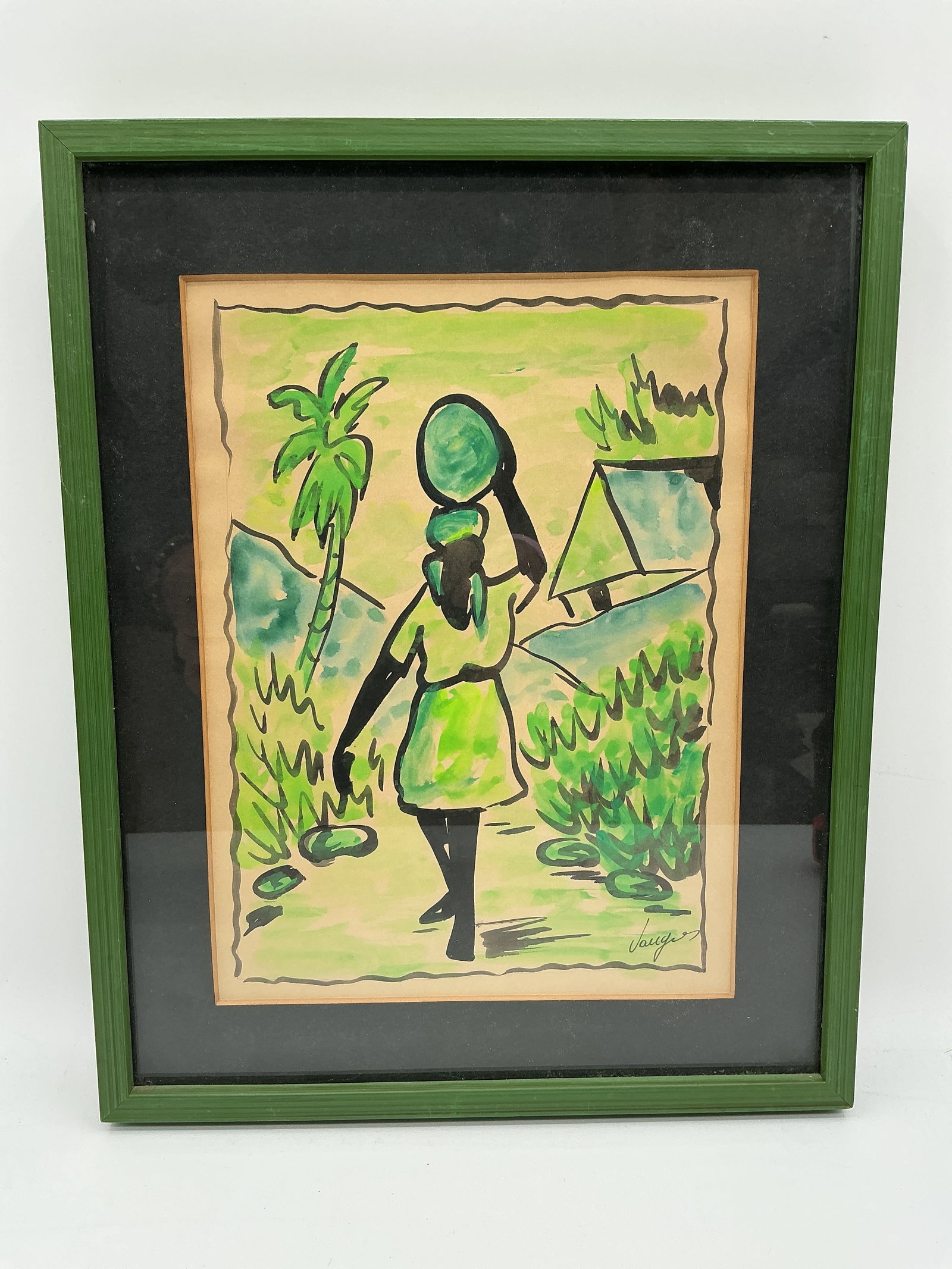 Haitian Watercolor By Jaquez: Description: Painting depicting a woman carrying a vessel on her head in a Caribbean landscape. Signed lower right. Framed. Medium: watercolor Dimensions: H:14in W:11in