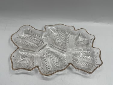 Leaf Shaped Glass Serving Dish with Metal Rim