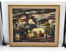 Village Street Scene by Leon Schwarz Abrys (France, 1905-1990) Oil On Canvas: Description: This expressive painting captures a rustic village scene under a dramatic, overcast sky. Rendered in bold strokes and rich colors, the composition features clustered buildings with bright